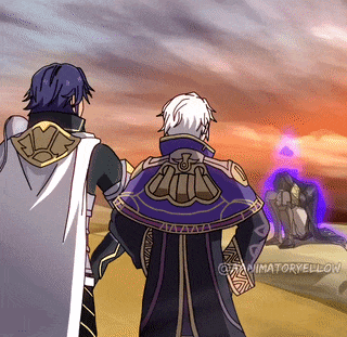 Man With Red and Blue Hair Before Building Saying We Fire Emblem Engage