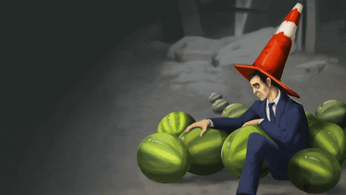 Man With Red Cone On Head Sitting On Watermelons GIF