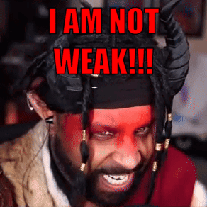 Man with Red Face Paint and Horns Says I Am Not Weak