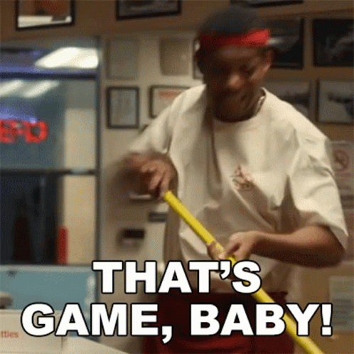 Man With Red Headband Holding Mop Saying That's Game Baby