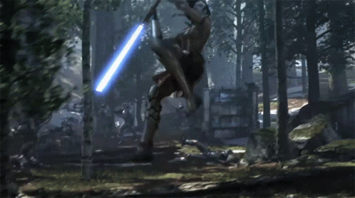 Man with Red Light Saber Fights Man with Blue Saber