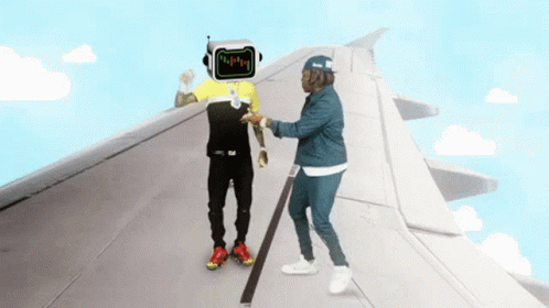 Man With Robot Head Talks To Another Man On Plane Wing GIF