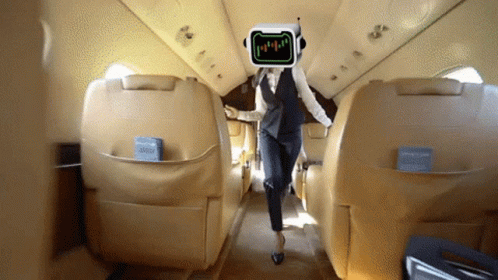 Man With Robot Head Talks To Another Man On Plane Wing GIF
