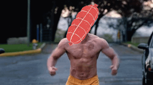 Man with Sausage on Head Flexing Muscles