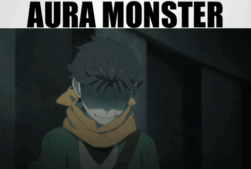Man With Scarf In Dark Room With Aura Monster Text GIF
