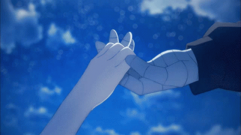 Man With Scythe Holding Girl's Hand Blue Sky