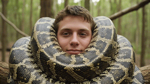 Man With Snake Around Head Looking At Camera GIF