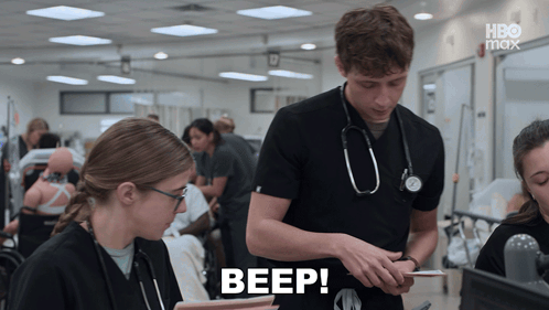 Man With Stethoscope Saying Beep Looking At Clipboard GIF