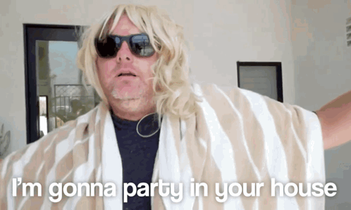 Man With Sunglasses and Towel Saying Im Gonna Party In Your House