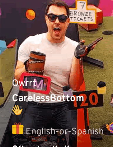 Man with Sunglasses Bucket and Bronze Tickets Sign