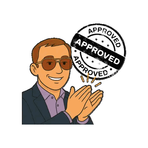 Man with Sunglasses Clapping in Front of Approved Stamp