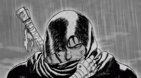 Man With Sword on Head Black and White Drawing