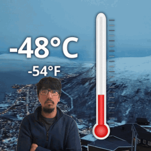 Man With Thermometer Reading -48°C And 54°F GIF