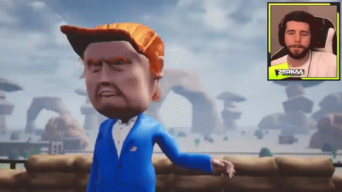 Man With Trump Head Next to Zerkaa Logo Man