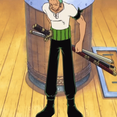Man with Two Swords in White Shirt and Green Pants