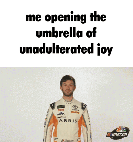 Man with Umbrella Saying Me Opening the Umbrella of Unadulterated Joy