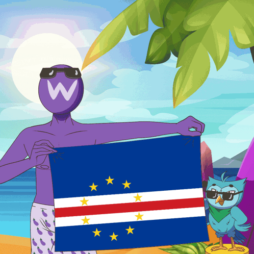Man With W On Head Holding Flag On Beach GIF