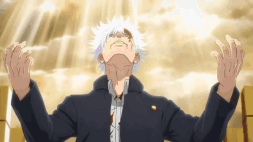 Man With White Hair Looking Up With Arms Outstretched GIF