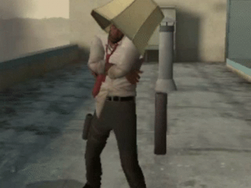Man With White Shirt And Tie Holding Cardboard Box Overhead GIF