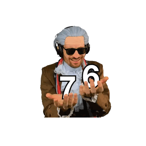 Man with Wig and Headphones Holding 76