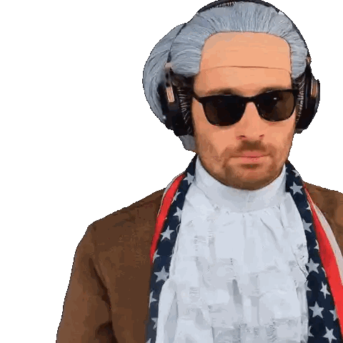 Man with Wig and Headphones Looking at Camera