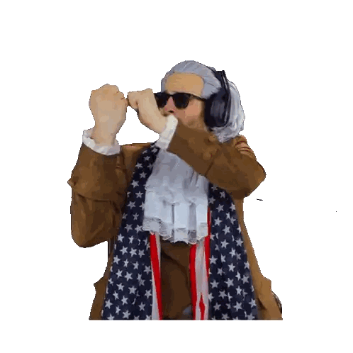 Man with Wig and Headphones Points Up