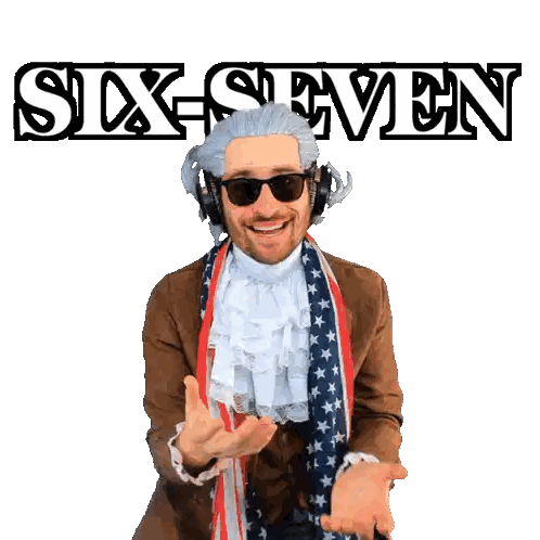 Man with Wig and Sunglasses in Front of 67 Sign