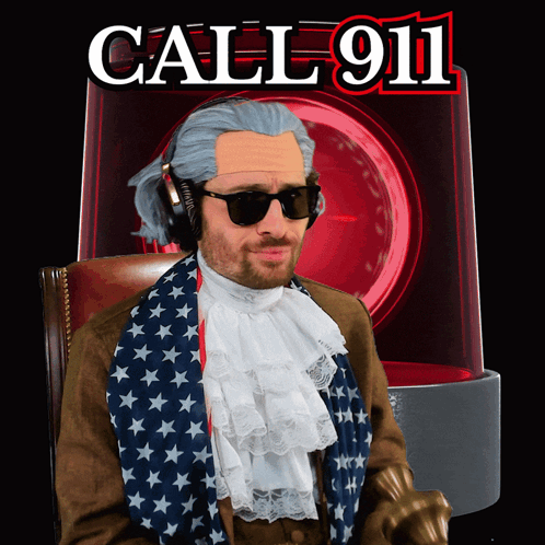 Man With Wig And Sunglasses In Front Of Call 911 Sign GIF