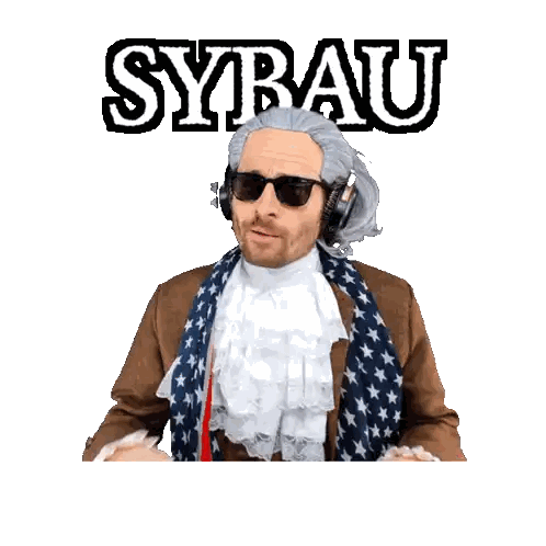 Man with Wig and Sunglasses in Front of Sybau Sign