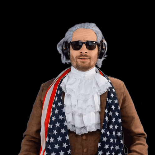 Man With Wig, Sunglasses, Headphones, American Flag Scarf