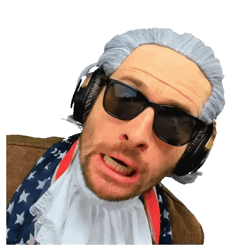 Man with Wig Sunglasses Headphones and Flag Scarf