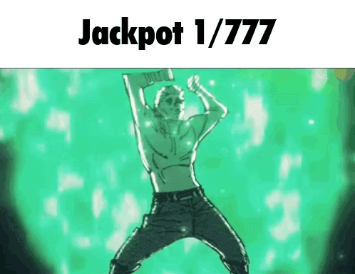 Man Without Shirt Dancing In Front Of Jackpot 1/777 Text GIF