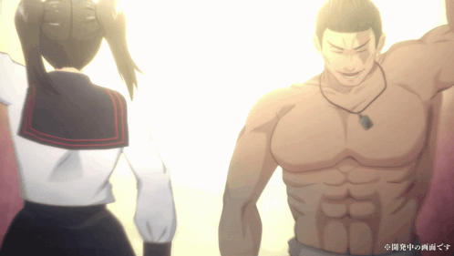Man Without Shirt Next to Girl in Sailor Suit
