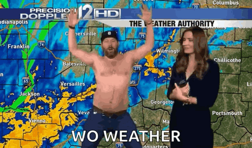 Man Without Shirt Standing in Front of Map Saying Wo Weather