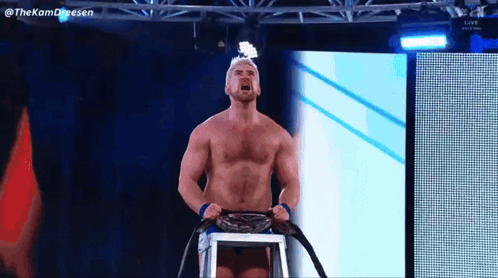 Man Without Shirt Standing on Ladder With Rope Around Neck