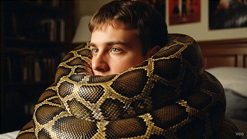 Man Wrapped By Large Snake On Bed GIF