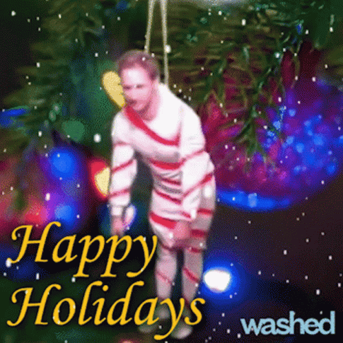 Man Wrapped in Candy Canes Saying Happy Holidays