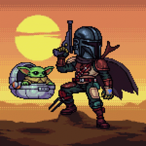 Mandalorian Holding Gun and Baby