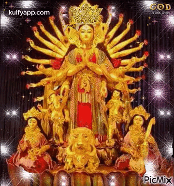 Many-Handed Woman Statue With Other Statues On Lotus GIF
