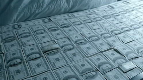 Many Stacks Of 100 Dollar Bills Are Laying On A Bed GIF