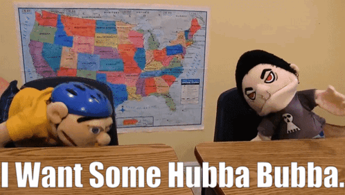 Map Of US With Stuffed Animals Saying I Want Some Hubba Bubba GIF