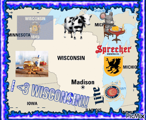 Map of Wisconsin With Cow Hamburger and Mouse