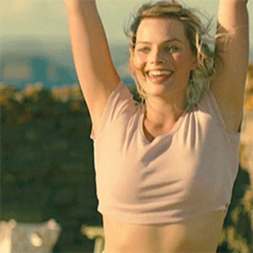 Margot Robbie Hands Up Cheering GIF