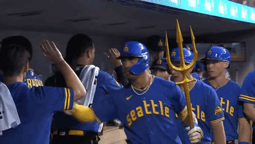 Mariners Win Julio Rodriguez High Fives Golden Trident GIF