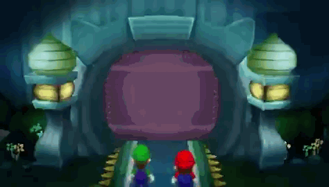 Mario And Luigi Are Standing In Front Of A Large Purple Portal GIF