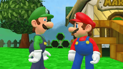 Mario And Luigi Are Standing Next To Each Other In Front Of A Sign That Says Market GIF
