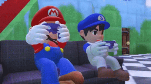 Mario And Smg Are Playing A Video Game Together On A Couch GIF