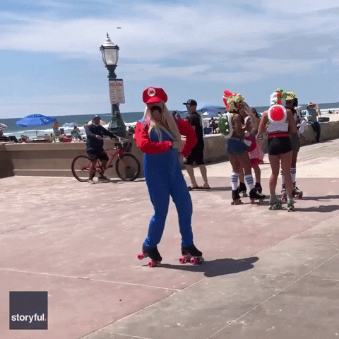 Mario Cosplayer Dancing In Roller Blades GIF
