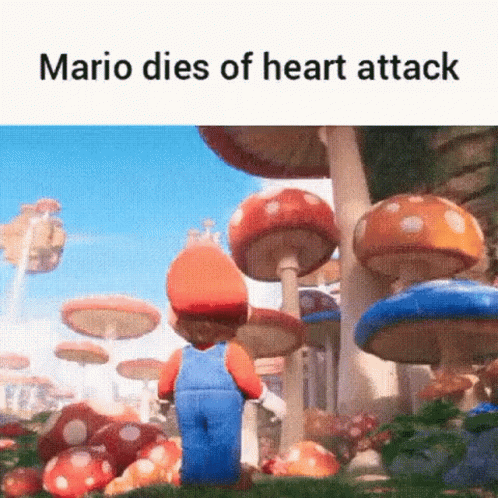 Mario Dies Of A Heart Attack In A Video Game While Standing In A Field Of Mushrooms . GIF