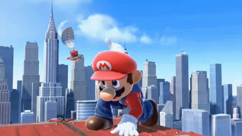 Mario Is Crawling On A Roof In Front Of A City GIF